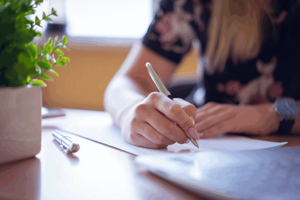 An image of a person writing something using a pen