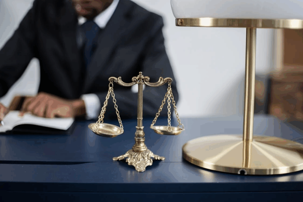 Balance scale on a table with a lawyer in the background, symbolizing fair representation by a fraud defence lawyer in Mississauga.