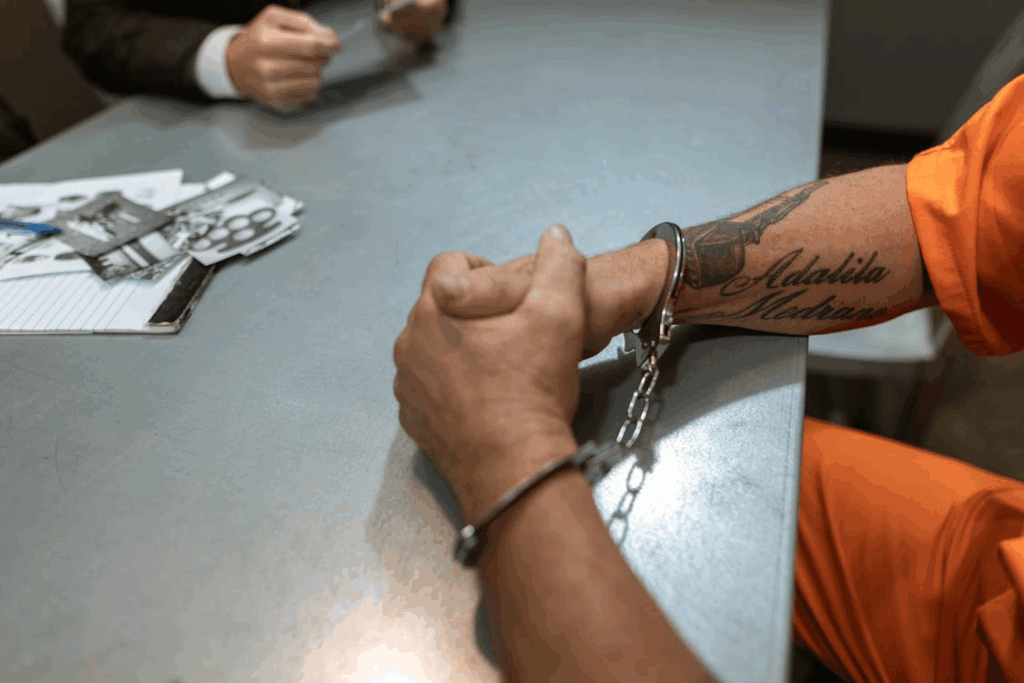 Close-up of tattooed hands in handcuffs resting on a table, symbolizing arrest for fraud or white-collar crime charges