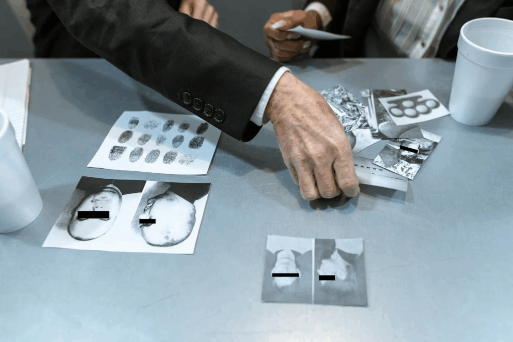 Evidence photos and thumbprints on a table during a criminal case review by an Arabic criminal lawyer in Mississauga