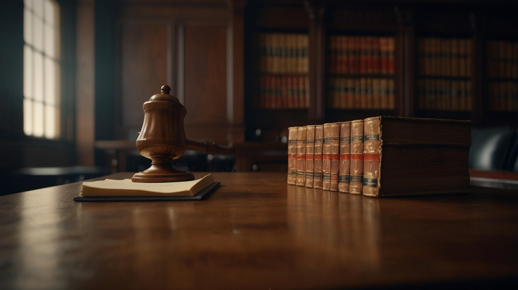 close-up of books and gavel in a courtroom